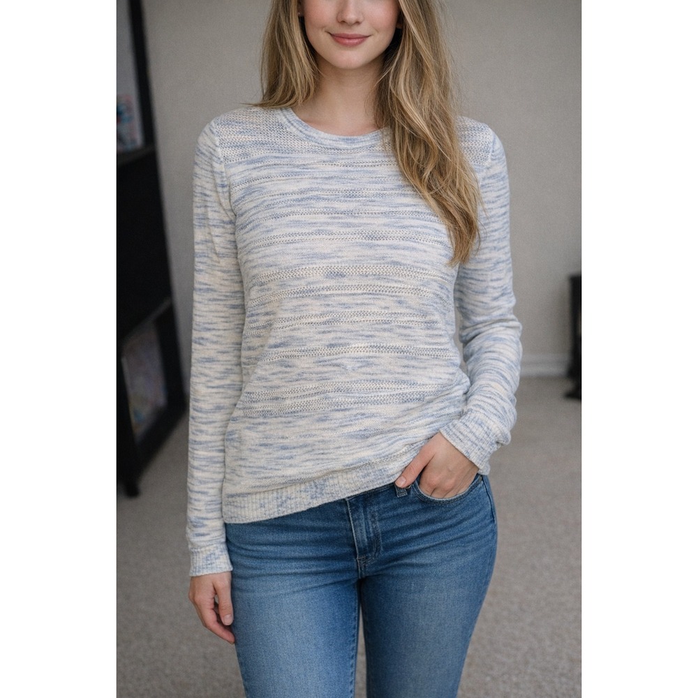 Autumn Cashmere Blue White Stripe Sweater Cashmere Silk Linen Blend Lightweight
